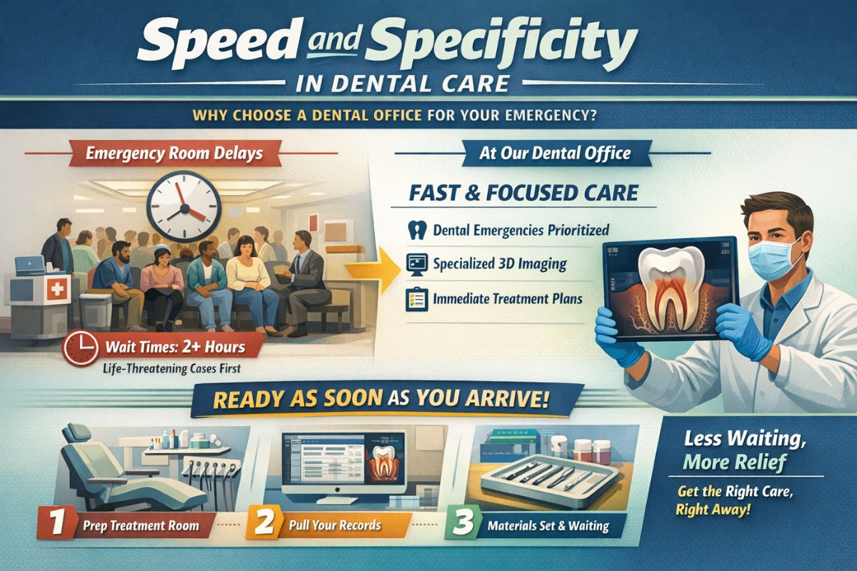 Speed and specificity in dental care infographic comparing emergency room wait times with fast same-day dental treatment using 3D imaging and prepared treatment rooms